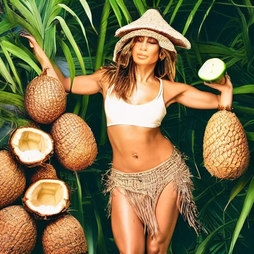 Image similar to j - lo, with two coconuts and a pineapple as a hat, professional photography, photoshop