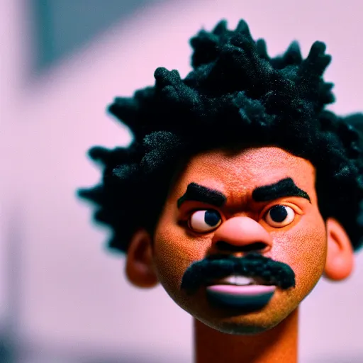 Image similar to a cinematic film still of a claymation stop motion film starring chance the rapper as a college student, shallow depth of field, 8 0 mm, f 1. 8