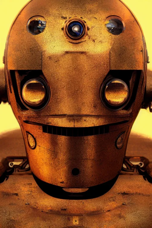 Image similar to a close-up portrait of a rusty and damaged robot, dramatic backlighting, golden hour, autochrome, high contrast, highly detailed, sharp focus, digital painting, concept art, illustration, rock, chiaroscuro, trending on artstation, art by lou romano and Steven Stahlberg