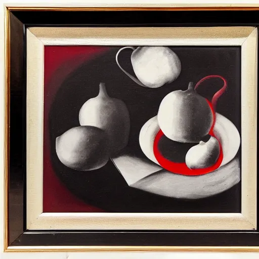 Prompt: a black and white nature morte painting in a bright red frame