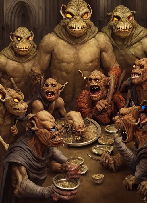 Image similar to profile group face portrait of medieval goblins having a banquet in the cloisters, beautiful face, hyper realistic, highly detailed, digital painting, artstation, illustration, concept art by hyung tae, bosch, giger, frank frazetta, digital paint, matte paint, washed colors, dark, gloomy