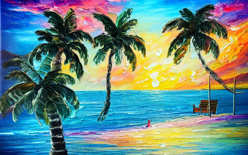 Prompt: in a sea is a tiny island surrounded by water with a cute cozy cottage with a terrace, a paved courtyard with benches a fountain and string lights, palm trees, sunset, puffy clouds, dramatic and dynamic lighting, thick brush strokes oil impasto painting