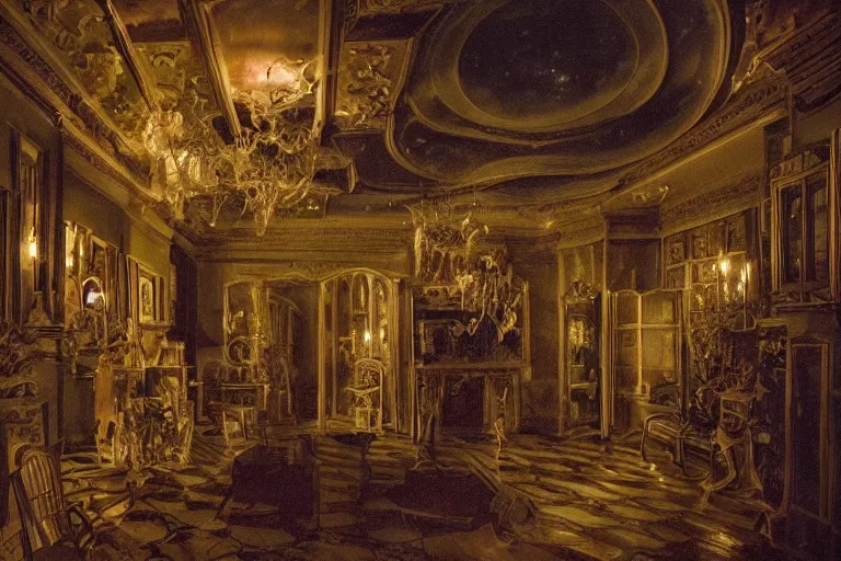 Prompt: full - color digital photo of the interior of a spooky elegant mansion at night. the interior is narrow, labyrinthine, illogical, surreal, bizarre, and complicated. there is a faintly - visible victorian ghost lurking. highly - detailed high - resolution photography.