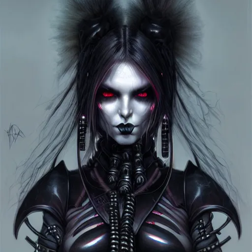 Image similar to portrait of a female cybergoth grim dark, dark, piercing eyes, exotic expression, esoteric clothing, photorealistic, highly detailed, mysterious lighting, artstation, smooth, sharp focus, art by michael whelan, artgerm, greg rutkowski and luis royo