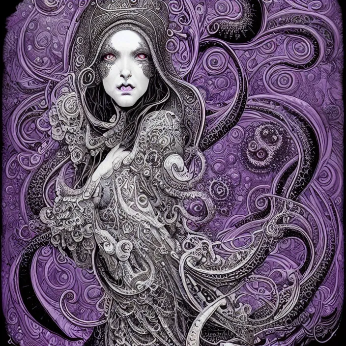 Prompt: depicting a highly detailed beautiful lovecraftian female priestess, in the style of joe fenton, dynamic energetic pose, exuberant organic elegant forms, perfect face, pale skin, by dan hillier : : 1. 4 purple, red, blue, green, black intricate mandala explosions : : intuit art : : turbulent water backdrop : : damask wallpaper : : atmospheric