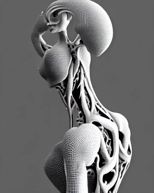 Image similar to a black and white 3D render of an elegant full figure young female angelic-dragon-cyborg with a very long neck, Mandelbrot fractal, anatomical, flesh, facial muscles, veins, arteries, full frame, microscopic, highly detailed, flesh ornate, elegant, high fashion, rim light, 150 mm lens, octane render in the style of H.R. Giger and Man Ray, Realistic, Refined, Digital Art, Highly Detailed, Cinematic Lighting, rim light, photo-realistic Unreal Engine, 8K