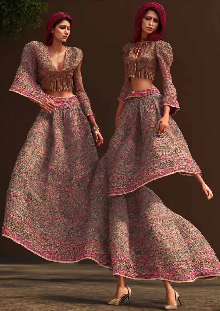 Image similar to cloths on mexican style, high detailed intricate fashion clothing, cotton texture, silk colors, ultra realistic, octane render, volumetric lights, long, wide skirts, loose - fitting blouses, elaborate hairstyles, and intricate embroidery, female cloths