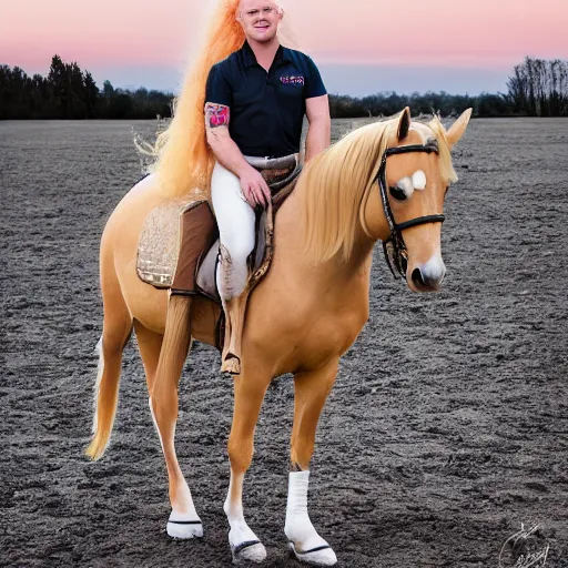 Image similar to matty matheson blonde hair riding a horse over the moon, photograph