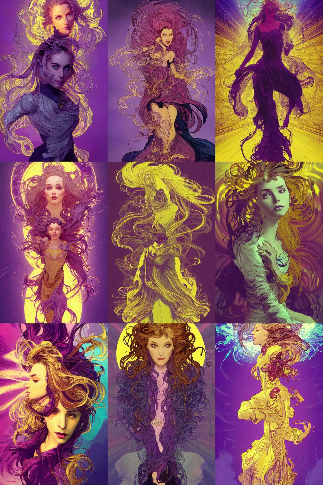 Prompt: state of shock, princess portrait, with mystic parametric glass hair, light wind flowing, dynamic pose, well lit, style of marc simonetti, peter mohrbacher, alphonse mucha and laurie greasley, dynamic pose, glitchcore, yellow + purple color tone, symmetric lights and smoke, glowing runes, high detailed, ornate border, 8 k