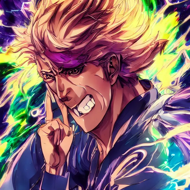 Image similar to handsome anime man channels the universe's energy in the style of jojo's bizarre adventure, ultrafine hyperrealistic detailed face illustration by kim jung gi, intricate linework, sharp focus, bright colors, matte, octopath traveler, final fantasy, unreal engine highly rendered, global illumination, radiant light, intricate rainbow environment