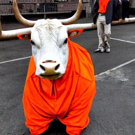 Image similar to bull wearing orange inmate clothes