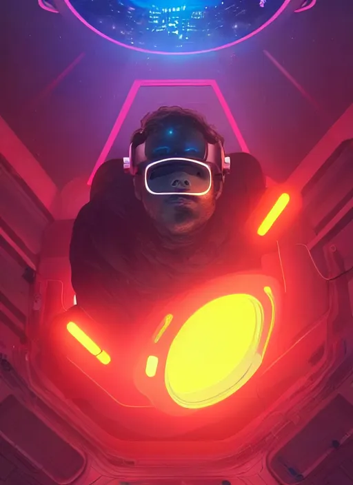 Image similar to black floating in space wearing a vr headset, urban attire, three dimensional holographic displays and laser keyboard, cinematic and dramatic, highly detailed, electric orange glowing lights, digital painting, artstation, concept art, smooth, sharp focus, illustration, art by wlop, uang guangjian and gil elvgren and sachin teng and greg rutkowski