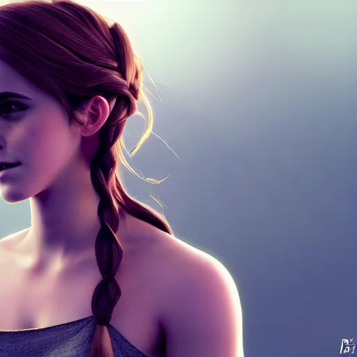 Prompt: emma watson full body render as a very beautiful 3d anime girl, hot petite, long braided green hair, twisted braid, hazel eyes, full round face, short smile, cinematic lightning, medium shot, mid-shot, highly detailed, trending on Artstation, Unreal Engine 4k, cinematic wallpaper