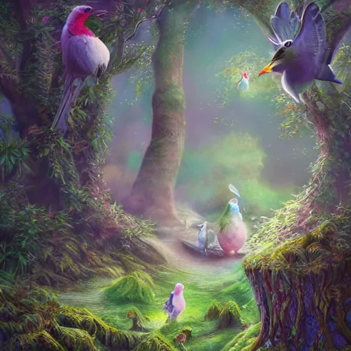 Image similar to magical forest, birds, child forest, highly detailed facez, stra ge creatures, artwork, digital art, fantasy