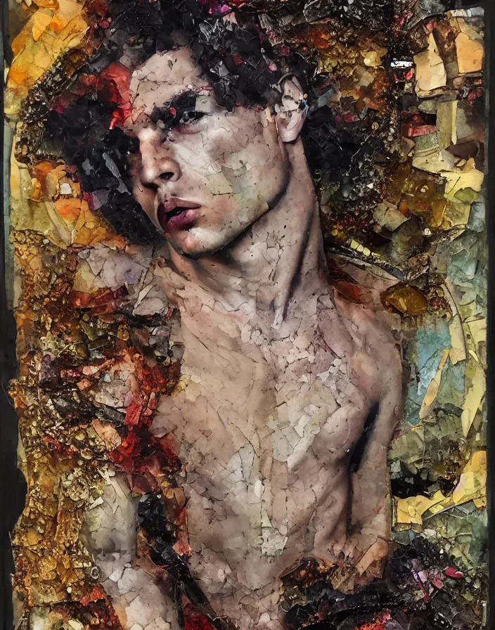 Prompt: male celestial languid extasy detailed mixed media collage with canvas texture in style of contemporary art, punk art, realistic beautiful face, photorealism, expressionism, masterpiece, perfect composition, spectacular quality, intricate oil details, shattered glass