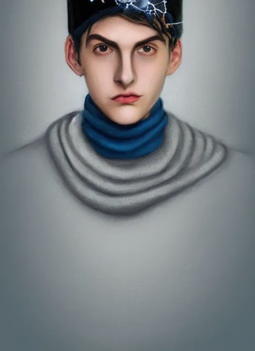 Image similar to portrait of teenage jughead jones wearing a light grey crown, crown, blue turtleneck, 1 9 5 0 s, closed eyes, photorealistic, black hair, glowing lighting, intricate, elegant, glowing lights, highly detailed, digital painting, artstation, concept art, smooth, sharp focus, illustration, art by wlop, mars ravelo and greg rutkowski