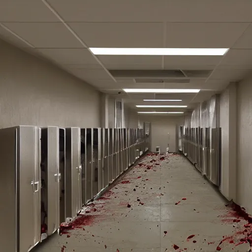 Prompt: public men's restroom with a limitless rows of urinals, dim lighting, scary, blood splattered on floor, photorealistic, 8 k, 1 5 0 mp,