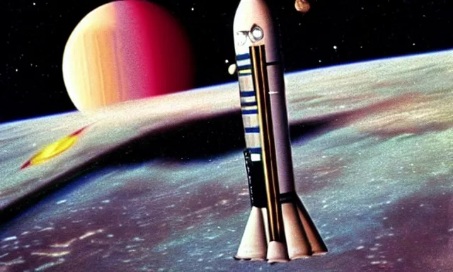 Prompt: full - color cinematic movie still from a 1 9 6 8 surreal film directed by salvador dali about astronauts traveling to the moon in a rocket - ship. bizarre ; dream - like.