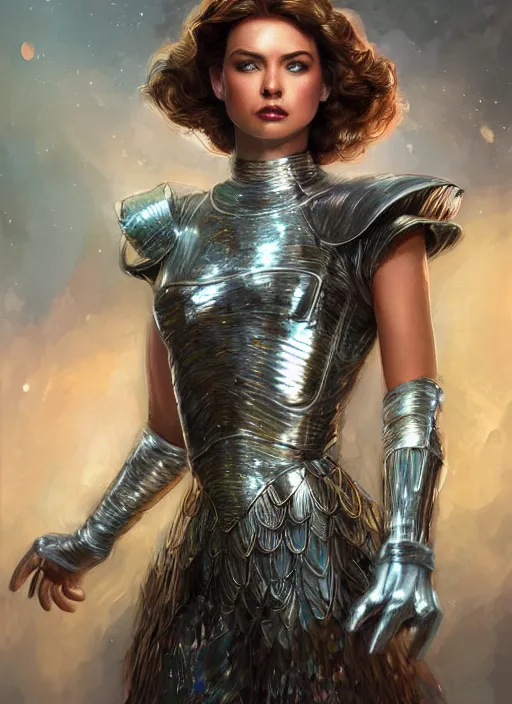 Prompt: beautiful female dorothy gale, rebecca romijn as dorothy, full body character concept, covered in full silver armor, armor plating, art nouveau, beautiful glowing emeralds, super powers, fantasy, intricate, elegant, highly detailed, digital painting, artstation, concept art, shining, sharp focus, illustration, art by stanley lau