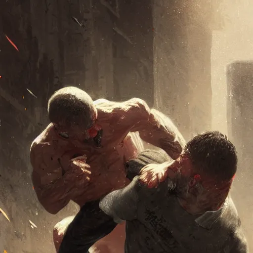 Image similar to original masterpiece artwork close-up of 2 men choking each other during a fight in an alleyway by greg rutkowski and drew strewzan, horror, crime, hyperrealistic, octane render, exciting pose, dynamic lighting