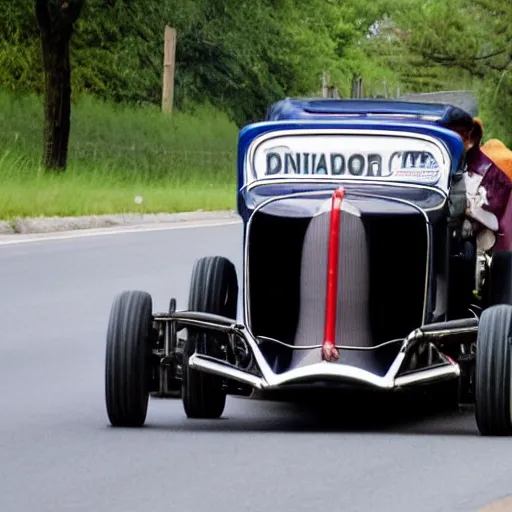 Prompt: badger driving a hot rod down a street photo