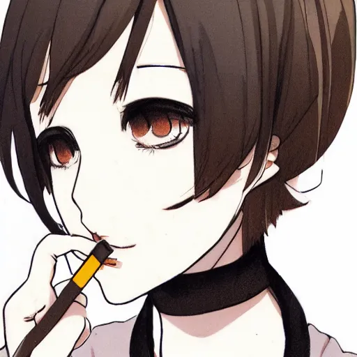 Image similar to portrait of a girl with short brown hair, wearing a white blouse and black choker, smoking a cigarette, drawn by WLOP, by Avetetsuya Studios, attractive character, colored sketch anime manga panel, unsaturated, dull colors, trending on Artstation