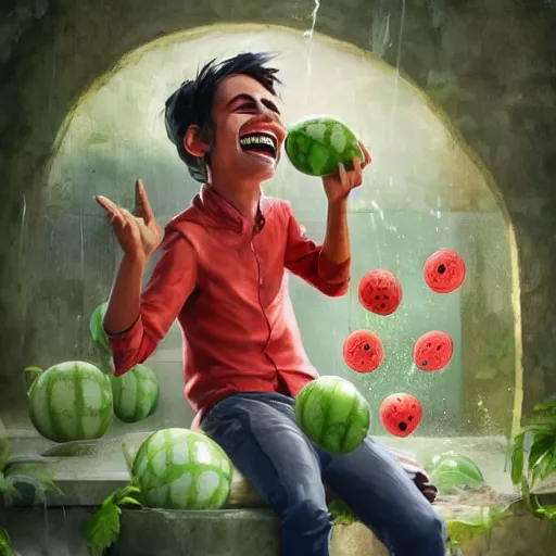 Image similar to a mad scientist in his back yard laughing happily at the watermelons which are falling from the sky , made by Stanley Artgerm Lau, WLOP, Rossdraws, ArtStation, CGSociety, concept art, cgsociety, octane render, trending on artstation, artstationHD, artstationHQ, unreal engine, 4k, 8k,