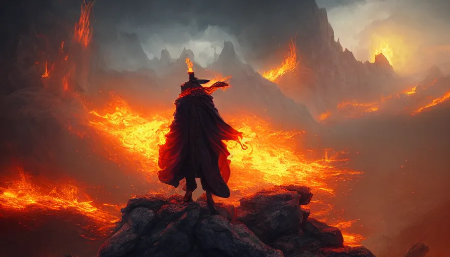 Image similar to Realistic image of a wizard standing on a rock surrounded by flames, hyperdetailed, artstation, cgsociety, 8k