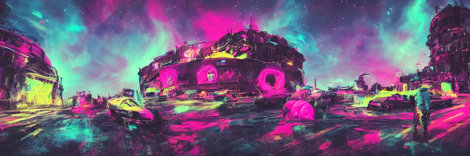 Prompt: space dogs with neon mohawks, dogs, doberman, space, dark, stars, pink, oil painting, pirate neon ship with punks on board, neon, rich deep colors masterpiece, ultra detailed, contrast, lots of roman arches, clouds, sky, volumetric light, atmospheric lighting, dramatic, cinematic, moody, octane render 4 k, 8 k