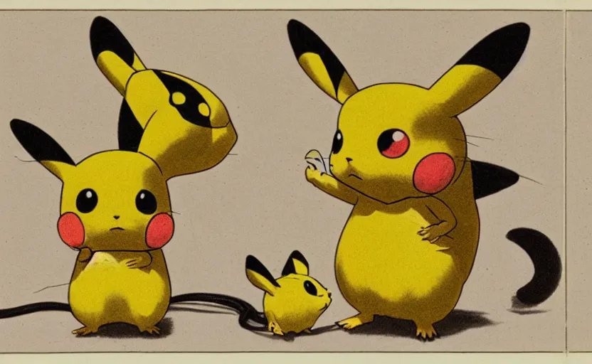 Image similar to scientific illustration of Pichu, Pikachu, and Raichu. Evolutionary line, comparative anatomy of electric mice.