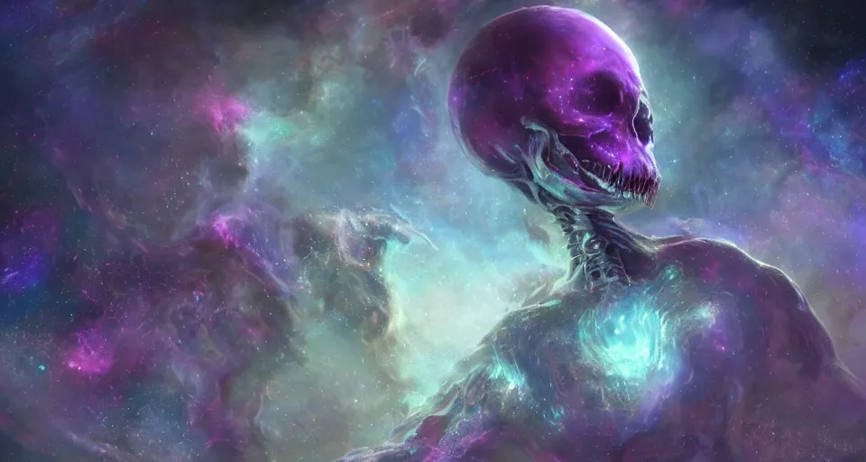 Prompt: a photo of one enormous humanoid pearlescent!! smoke!! skeletal cosmic!! old god!! floating in space!! in a nebula!!!!, 4 k, unreal engine, concept art, matte painting, cosmic horror!!, nightmare, color accents,