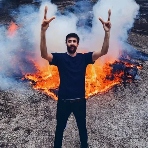 Prompt: a selfie of a guy making a peace sign while standing in a fire