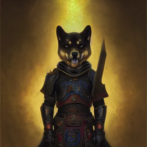 Image similar to paladin black armor, anthropomorphic shiba inu, shiba inu face, stuning 3 d render, masterpiece, glowing holy aura, by donato giancola and greg rutkowski and wayne barlow and zdzisław beksinski, realistic face