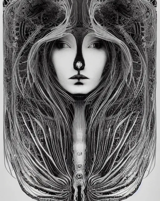 Image similar to mythical dreamy black and white organic bio - mechanical spinal ribbed profile face portrait detail of beautiful intricate monochrome angelic - human - queen - vegetal - cyborg, highly detailed, intricate translucent jellyfish ornate, poetic, translucent microchip ornate, photo - realisitc artistic lithography in the style of hg giger