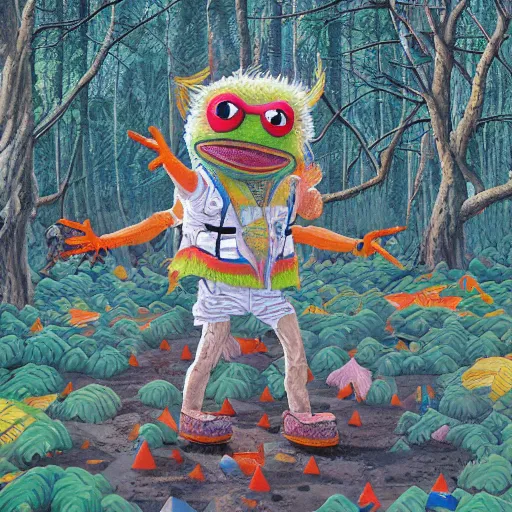 Prompt: safety cones scattered around an oak tree forest, man in muppet sasquatch sri lankan mask costume dancing in the distance, by james jean, miyazaki, hyper detailed surrealist painting