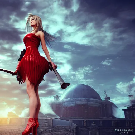 Image similar to epic scene of very attractive final fantasy vii female character, detail face, lovely eyes and detailed lips, with amazing detail red dress, feet in high heels, side view ) ( fighting ) hyper realistic 3 d render, art station, particles, epic scene, mucha, clouds, seductive jump pose, blur focus, action,