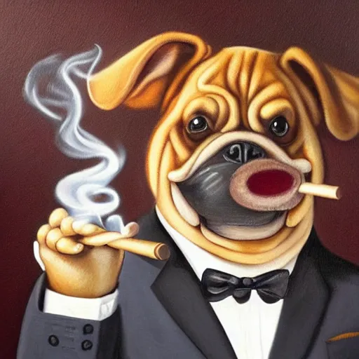 Prompt: anthropomorphic fat dog wearing a suit and smoking a cigar, oil painting, masterpiece, very detailed, realistic