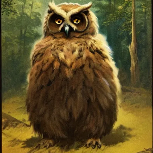 Image similar to three quarter portrait of an owlbear in the forest, d & d, fantasy, frank frazetta,