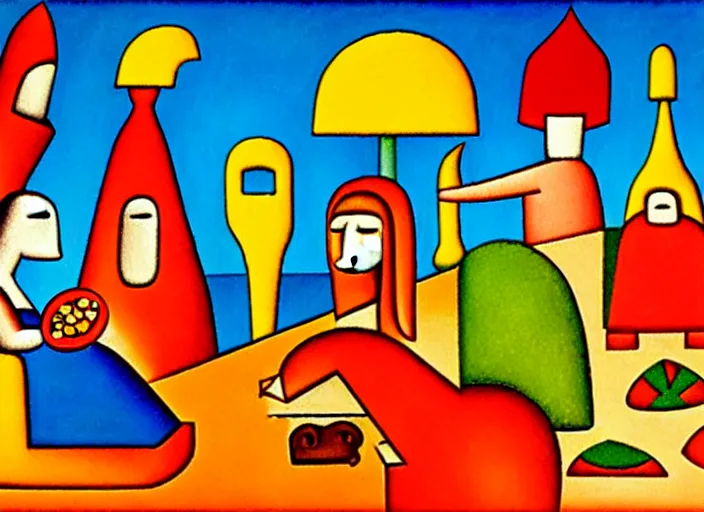 Image similar to a temple to pizza by Tarsila do Amaral