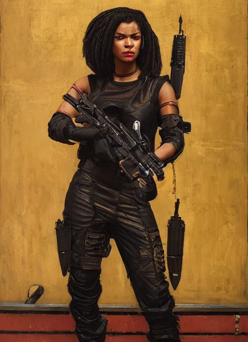 Image similar to Isabel igwe. cyberpunk mercenary wearing a cyberpunk headset and combat jumpsuit. (Cyberpunk 2077, bladerunner 2049). Iranian orientalist portrait by john william waterhouse and Edwin Longsden Long and Theodore Ralli and Nasreddine Dinet, oil on canvas. Cinematic, vivid colors, hyper realism, realistic proportions, dramatic lighting, high detail 4k