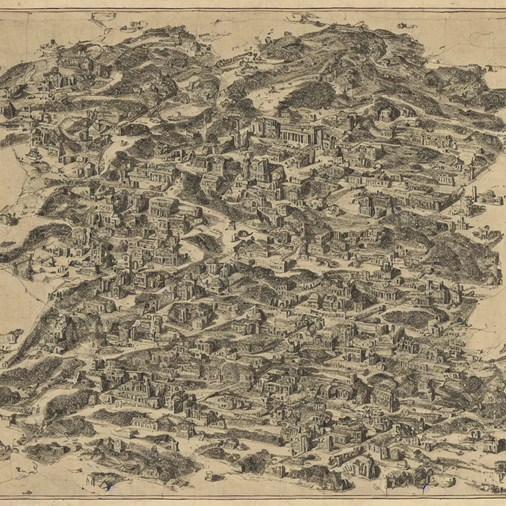 Image similar to 1 9 th century map of an ancient ruined hellenistic city. 4 k museum archival scan