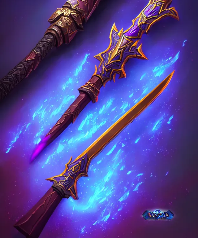 Image similar to dark weapon of warcraft blizzard weapon art, a burning sword, bokeh. dark art masterpiece artstation. 8k, sharp high quality illustration in style of Jose Daniel Cabrera Pena and Leonid Kozienko, violet colored theme, concept art by Tooth Wu