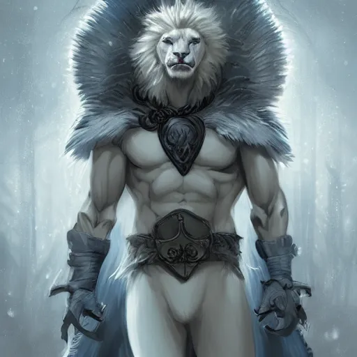 Image similar to anthropomorphic male muscular albino white lion, wearing beautiful game of thrones outfit, darkness aura, fantasy, mysterious low key lighting, winter blizzard atmosphere, high contrast portrait, character design by charlie bowater, ross tran, artgerm, and makoto shinkai, detailed, inked, western comic book art, 2 0 2 1 award winning film poster paintingy