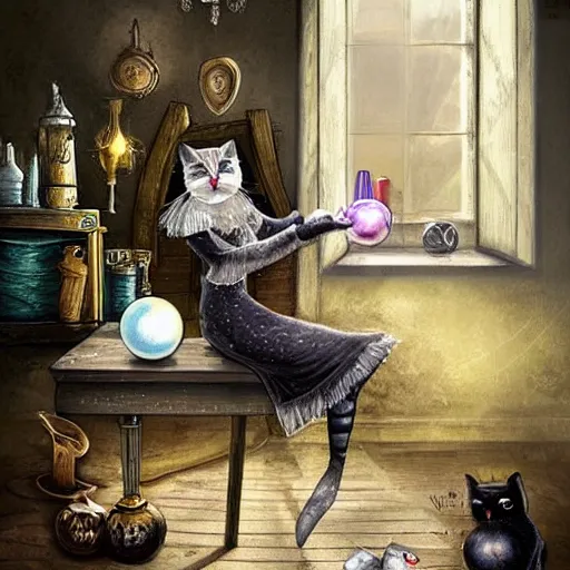 Image similar to a full body beautifull witch with white hair in an old room. A cristal ball on a wood table with a potions and old instruments. A cat on the floor licking his paw. in a fantasy style paiting