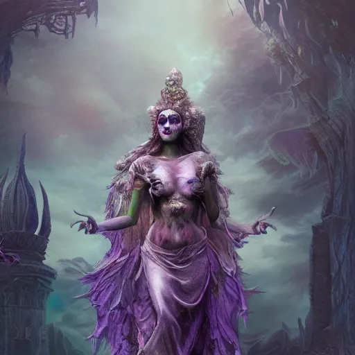 Image similar to a beautiful detailed 3d matte painting of female goddess of the dead, ominous, magical realism, texture, intricate, purple torn fabric, radiant colors, fantasy, trending on artstation, volumetric lighting, micro details, 3d sculpture, ray tracing