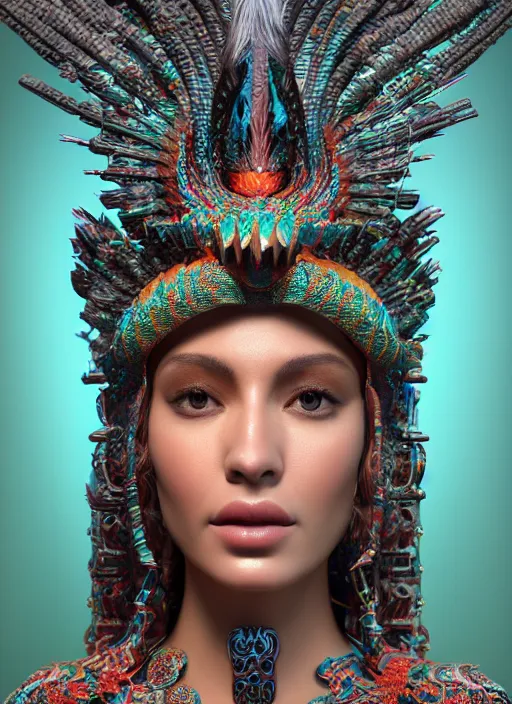 Image similar to 3 d goddess close - up profile portrait. beautiful intricate highly detailed mexican magpie helm and traditional mexican huipil! quetzalcoatl, stingray, bio luminescent, plasma, lava, ice, water, wind, stormy, creature, artwork by tooth wu and wlop and annie leibovitz, octane 3 d render