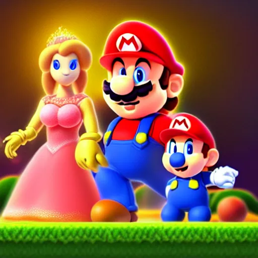 Prompt: Super Mario and Princess Peach and their cute newborn toady mushroom baby, family photo, digital painting, artstation, cgsociety, award-winning, masterpiece, stunning, beautiful, glorious