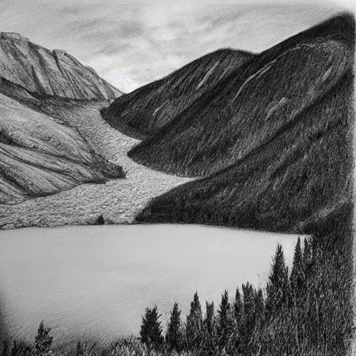 Prompt: lago di sorapis, hyper - realistic black and white drawing