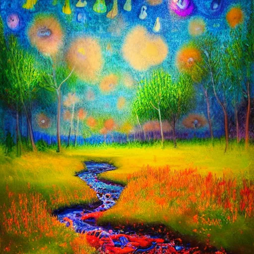 Prompt: an impressionist painting of a gorgeous meadow filled with colorful mushrooms with a stream flowing through it, psychedelic colors, starry sky in background, high detail, trending on artstation