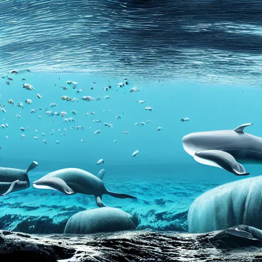 Image similar to hyperrealistic underwater photography, panoramic picture of an ocean floor with in the distance some baluga whales. focus on the whales. the whales are anatomically correct and highly detailed. lots of bubbles. seaweed and some rocks. gloomy scattered light entering from the water surface, trending on artstation, hq, 8 k